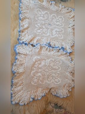 Handmade 2 Vintage Handmade Crocheted Doilies White with Blue Trim 9.5"×11.5"